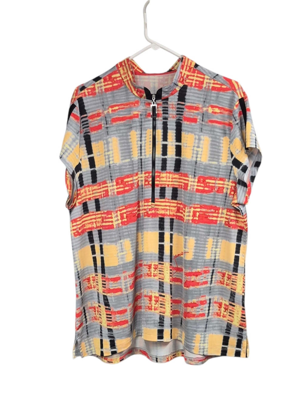 Jamie Sadock Top Red Yellow Gray Women's XXL Abstract Plaid Short-Sleeve Golf